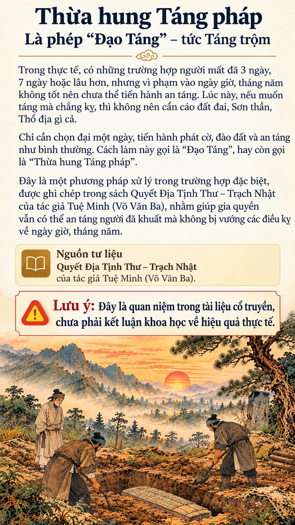 Tranh infographic phong cách cổ học về Thừa hung Táng pháp, còn gọi là Đạo Táng, với cảnh núi non và người đào huyệt.